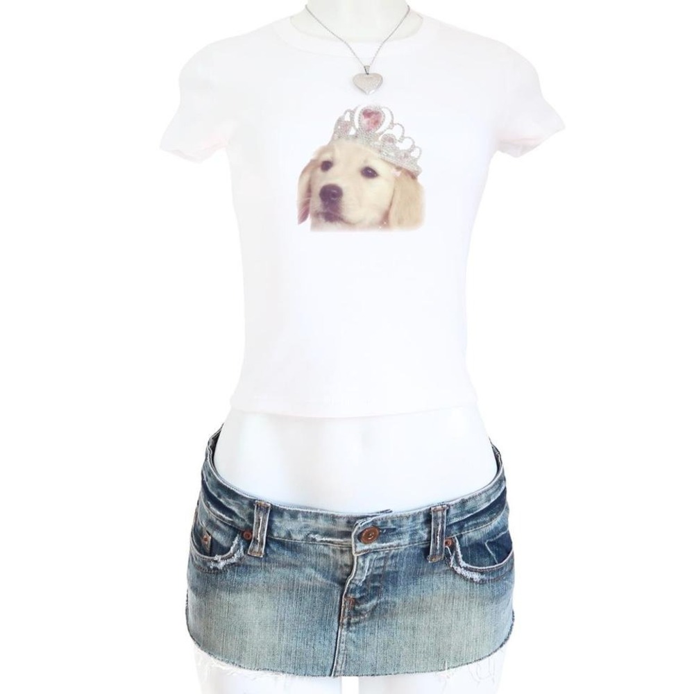 white baby tee princess golden retriever puppy tiara graphic y2k coquette crop
